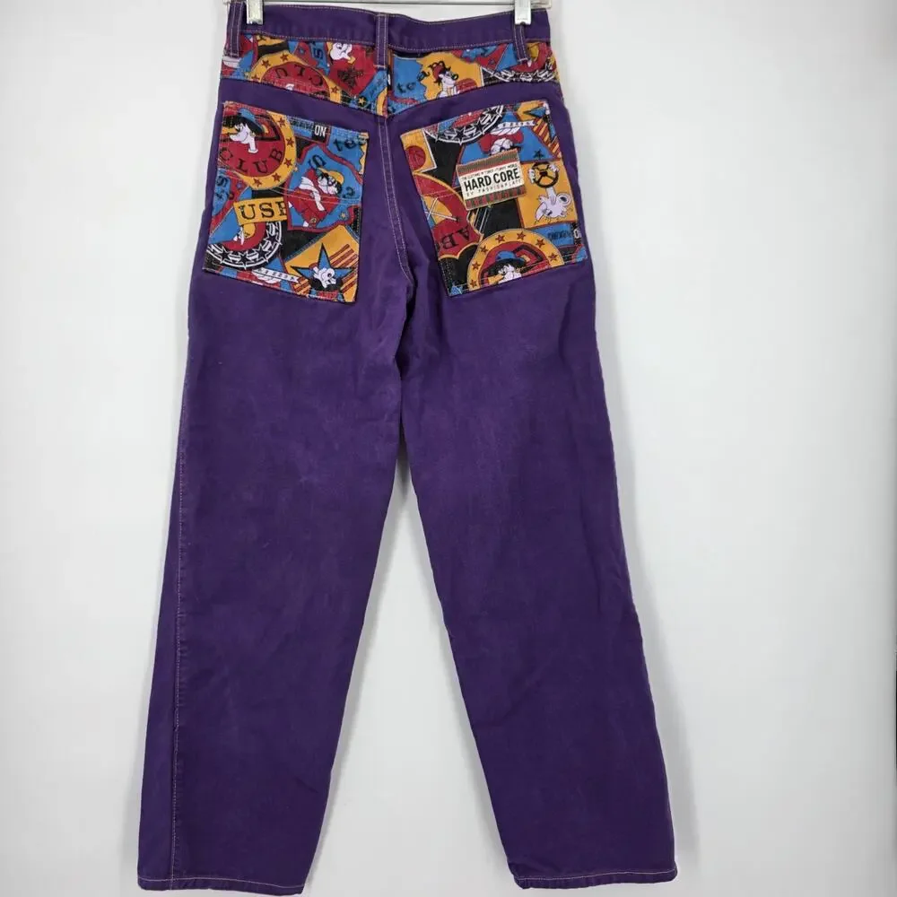 Vintage 90s Hard Core Purple Denim Jeans Cartoon Graphic Pockets 27x28 Y2K Retro